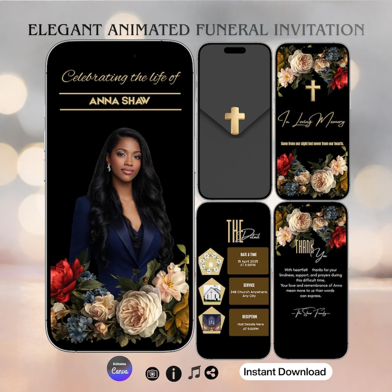 May include: An elegant animated funeral invitation on a smartphone screen. The design features a photo of Anna Shaw, floral arrangements, and event details. The text includes "Celebrating the life of Anna Shaw" and "In Loving Memory".