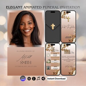 May include: An elegant animated funeral invitation design. The design includes a portrait of a woman, a smartphone graphic with a gold cross, and a memorial card. The text includes "In Loving Memory of" and "Instant Download".