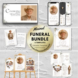 May include: A digital download bundle of six minimal funeral templates. The templates include memorial cards, phone screens, and framed prints. Each template features a photo of a man in a hat, with floral accents and the text "Michael Shaw".