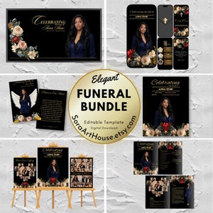 May include: A collection of funeral templates with a black and gold color scheme. The templates include memorial cards, phone cases, and posters, all featuring a photo of a woman and floral arrangements. The text reads "Celebrating the life of Anna Shaw."