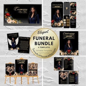 May include: A funeral program template bundle featuring black backgrounds with gold text and floral accents. The designs include a portrait of a person in a blue blazer, angel wings, and photo collages. Text includes Celebrating the Life of Anna Shaw.