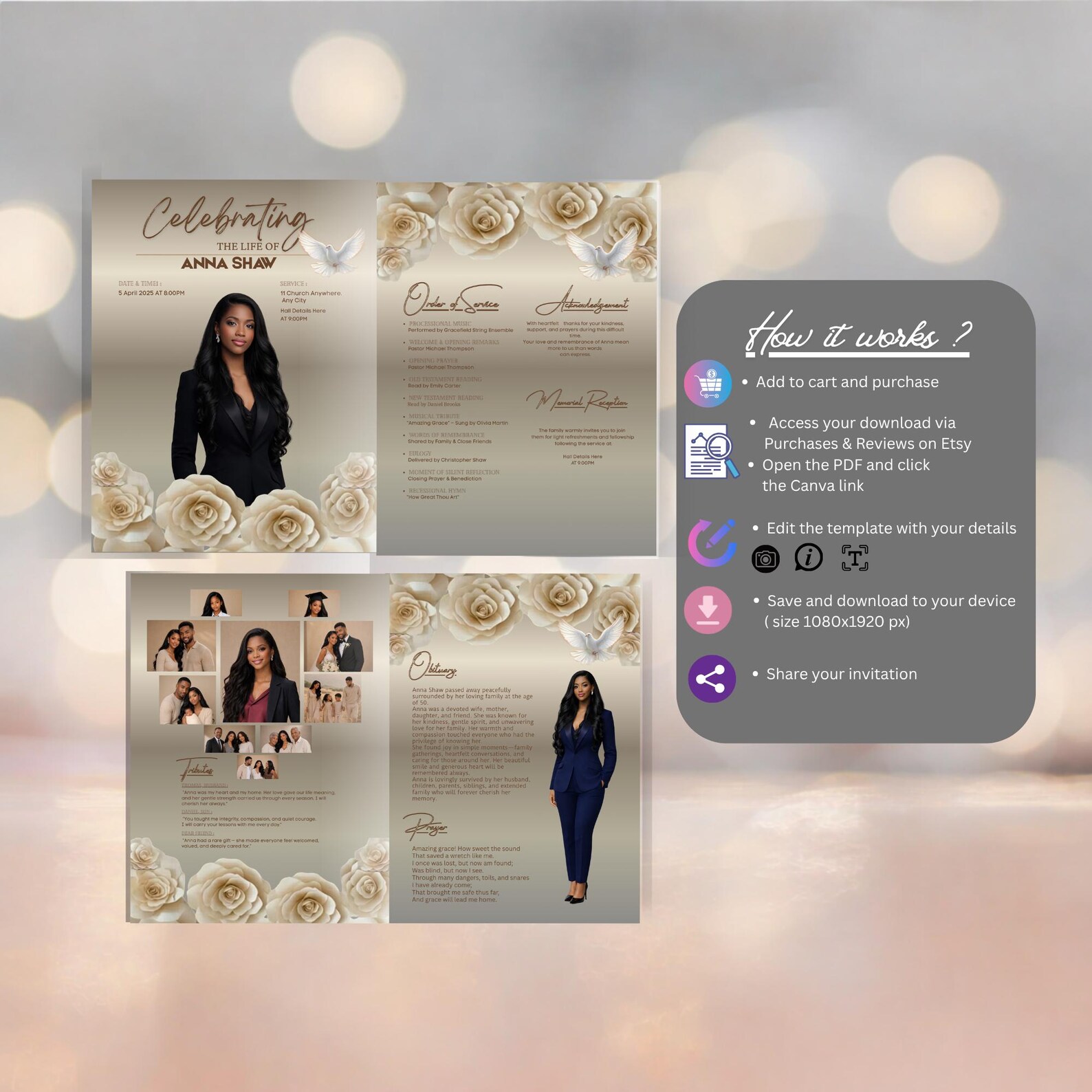 Elegant Funeral Program Template Canva, Celebration of Life Memorial ...