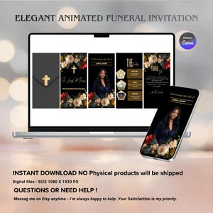 May include: A digital funeral invitation displayed on a laptop and smartphone. The design features a gold cross, floral arrangements, and the text "Celebrating the life of Anna Shaw." The invitation is animated and editable.
