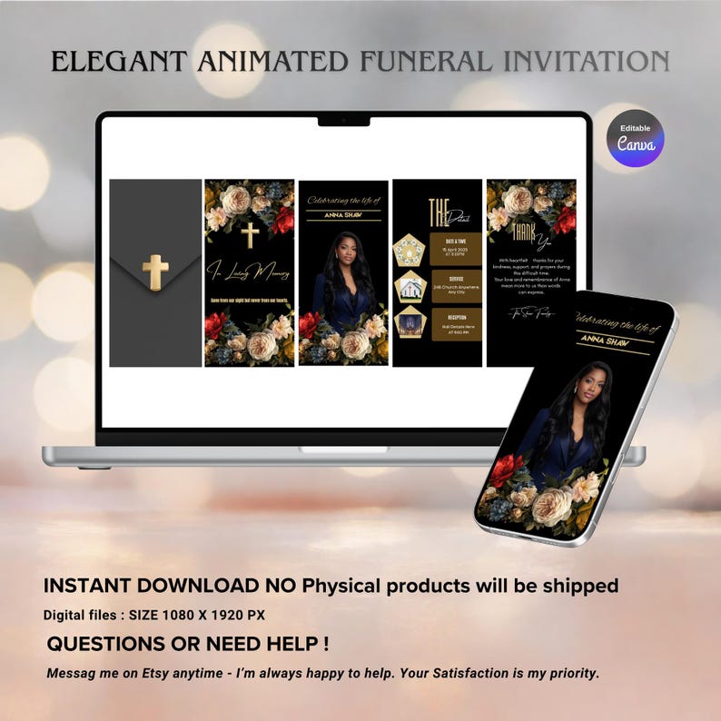 May include: A digital funeral invitation displayed on a laptop and smartphone. The design features a gold cross, floral arrangements, and the text "Celebrating the life of Anna Shaw." The invitation is animated and editable.