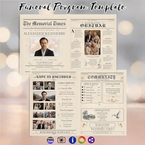 Funeral Program Template | Newspaper Memorial Program | Obituary Booklet | Celebration of Life Canva Template