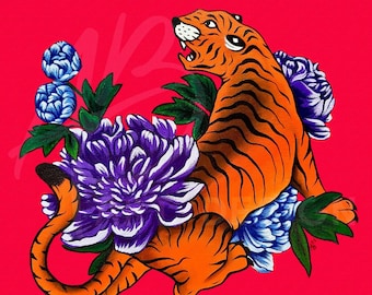 PRINT of Original Acrylic Painting - Tiger and Peonies