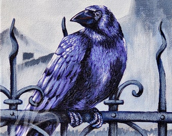 Original 8x8" Acrylic Painting, "Black Raven" - Creatures of the Night Series
