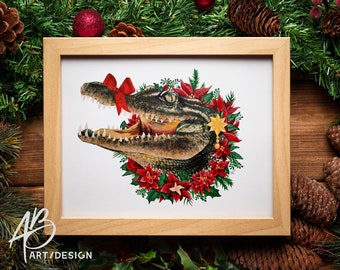 8x10" Giclee Print of Christmas Crocodile Original Acrylic Painting