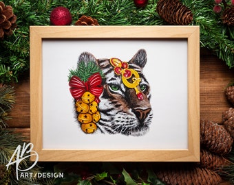 8x10" or 9x12" Giclee Print of Christmas Tiger Original Acrylic Painting