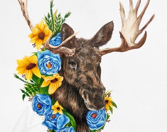 Botanical Moose PRINTS, "Serene" - Original Colored Pencil Drawing
