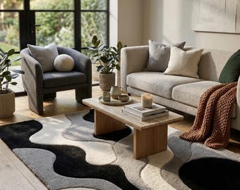 Hand Tufted Abstract Area Rug | Modern Black and Grey Waves