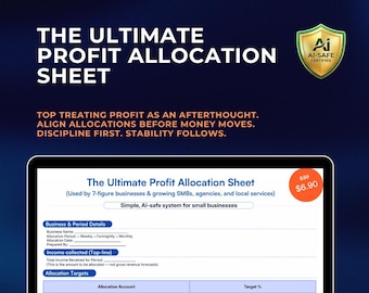 Profit First Allocation Sheet – AI-Safe Profit Allocation Template | Editable Cashflow, Tax, Owner Pay & Expense System