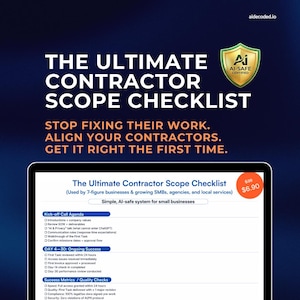 Pode incluir: Anúncio de um produto digital, "The Ultimate Contractor Scope Checklist". A imagem apresenta um tablet exibindo a lista de verificação, com um preço de $6,90. A lista de verificação é projetada para pequenas empresas e possui certificação AI-safe.