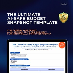 以下が含まれることがあります： 「The Ultimate AI-Safe Budget Snapshot Template」を宣伝するデジタルマーケティング画像。このテンプレートは中小企業向けで、予算の概要と収益のスナップショットが含まれています。画像には、テンプレートを表示するタブレットがあり、「AI-SAFE CERTIFIED」というテキストが表示されています。