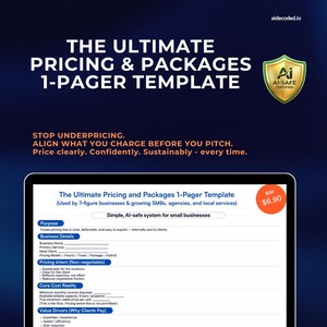 May include: A digital marketing graphic with the text "THE ULTIMATE PRICING & PACKAGES 1-PAGER TEMPLATE." The image includes a tablet displaying a pricing template, a gold AI-SAFE certified badge, and the price $6.90.