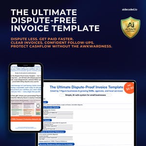 Può includere: Annuncio digitale per "The Ultimate Dispute-Free Invoice Template". L'immagine mostra uno smartphone e un tablet che mostrano il modello, con testo che sottolinea pagamenti più rapidi e fatture chiare. È visibile un badge dorato AI-Safe Certified.