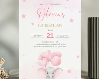 Pink Elephant 1st Birthday Invitation | Watercolor Stars Fairytale Girl (Digital Download)