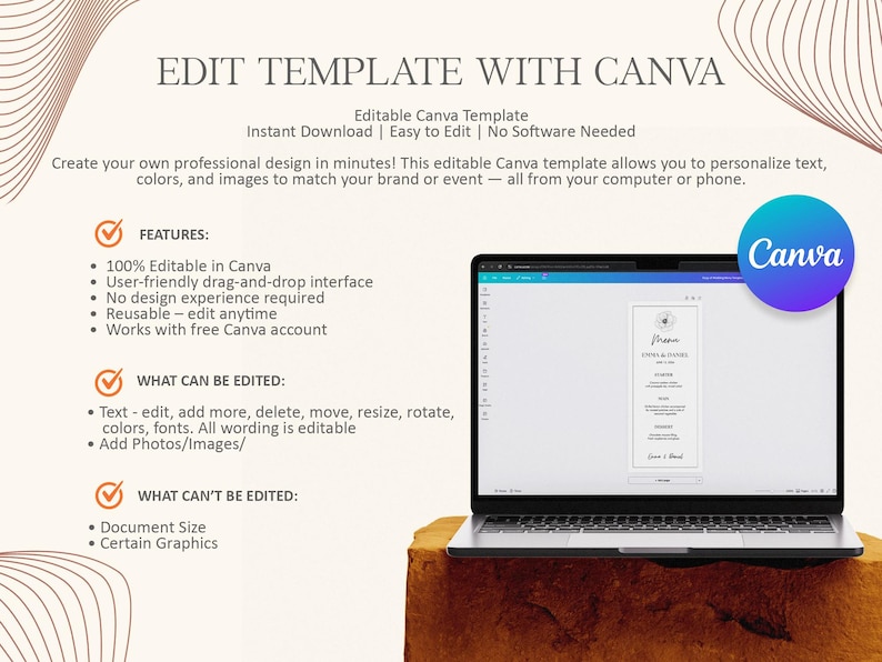 Minimalist Wedding Menu Template Editable Canva, Elegant Black and ...
