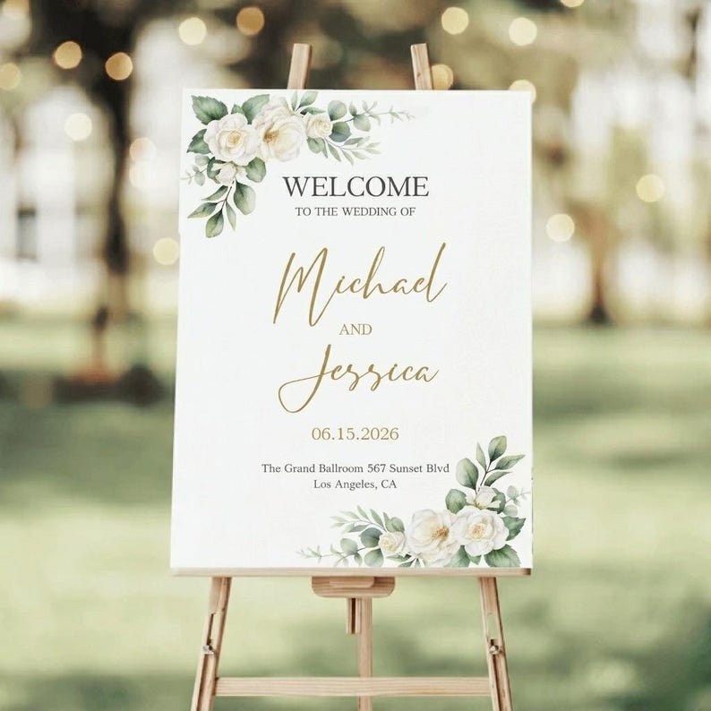 Floral Wedding Welcome Sign Template | Elegant Greenery Entrance Decor ...
