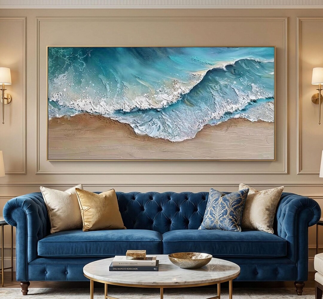 Original Blue Ocean Wave Oil Painting on Canvas | Large Impasto Wall ...