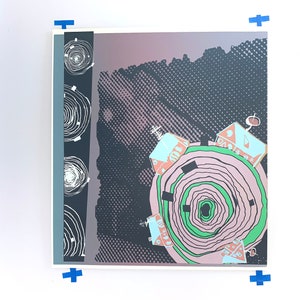 May include: Abstract art print with a pink and green spiral design, surrounded by small houses and a black and white polka dot background.