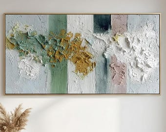 Green Textured Oil Painting on Canvas, Abstract Flower Wall Art, Thick Impasto Botanical Painting, White Floral Living Room Decor Gift