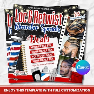 Locs & Retwist Flyer, Christmas Booking Flyer, December Barber Hair Specials, Grinchmas Braids, Book now Hairstylist Flyer, Canva Editable