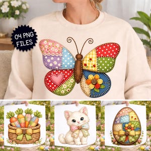Easter Patchwork PNG Bundle, Quilted Bunny Butterfly Egg Carrot Clipart, Farmhouse Fabric Applique Design, Sublimation