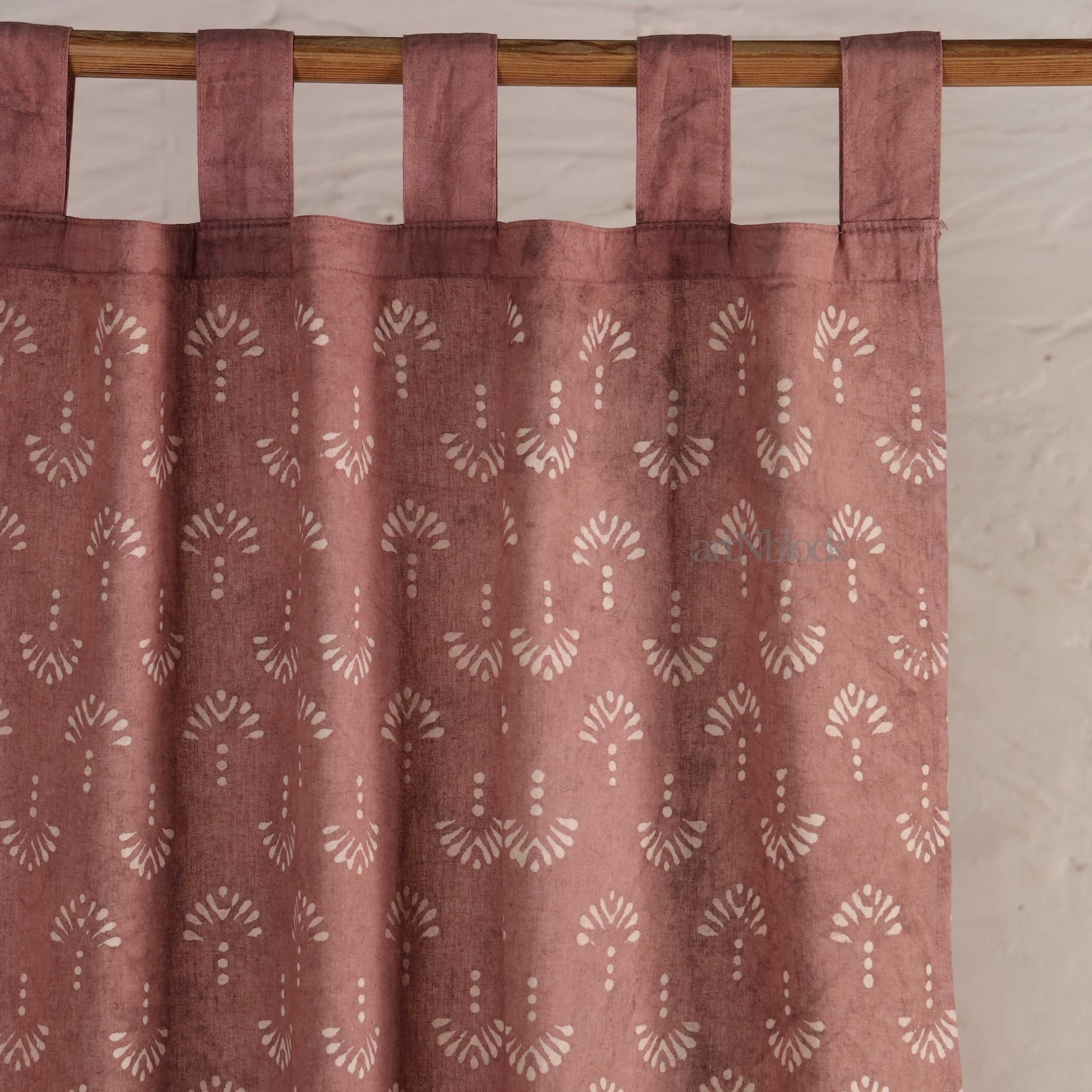 Dusty Rose Block Print Tab Top Curtain Panel | Handmade Cotton Farmhouse Window Drapes Curtains - 42'' W x 84'' L