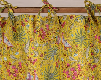 Boho Yellow Floral Tie Top Curtain Panel | Indian Block Print Kitchen Cafe Curtain | Cotton Window Home Decor