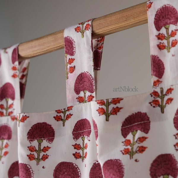 Hand Block Printed Cotton Curtain With Tab Top | Floral Indian Window Curtain | Pink Maroon Home Decor Panel Farmhouse
