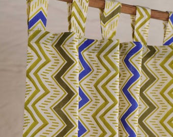 Green Hand Block Print Tab Top Curtains | Boho Chevron Cotton Window Panel Curtain | Indian Artisan Decor Shower Curtains
