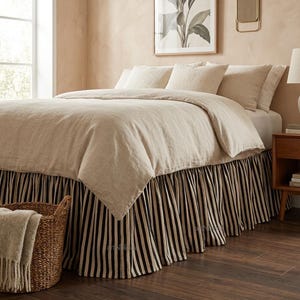 Striped Bed Skirt Black Beige, Pleated Dust Ruffle, Farmhouse Bedding Decor, Cottagecore Bed Skirt, Twin Full Queen King