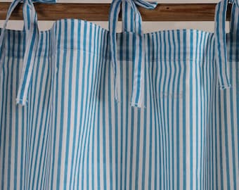Blue and White Striped Cotton Curtain Panels - Boho Living Room Decor Farmhouse Window Decor