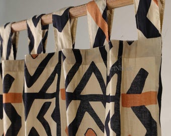 Handcrafted Black & Beige Geometric Tab Top Curtain | Boho Tribal Window Panel | Modern Home Decor
