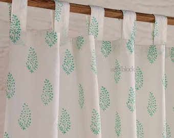 Boho Curtain Hand Block Cotton Tab Top White & Green Fabric 1 Panel Set Drape