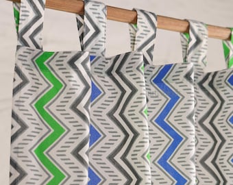 Boho Hand Block Print Tab Top Curtain | Blue Green Chevron Cotton Window Panel | Modern Boho Decor