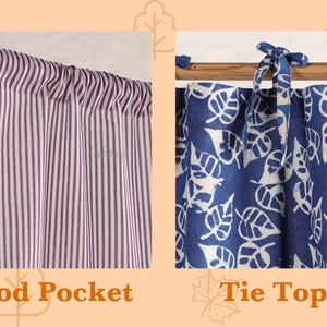 May include: A collection of curtain styles, including tab top, rod pocket, tie top, and back tab designs. The curtains feature various patterns and colors, such as green and white stripes, purple stripes, blue and white leaf print, and solid white.