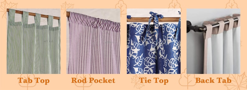May include: A collection of curtain styles, including tab top, rod pocket, tie top, and back tab designs. The curtains feature various patterns and colors, such as green and white stripes, purple stripes, blue and white leaf print, and solid white.
