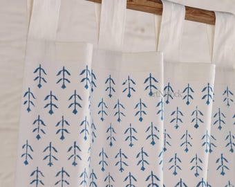 Handcrafted Blue Block Print Curtain | Tab Top Cafe Kitchen Curtain Window Panel | Natural Cotton Fabric Living Room Curtains