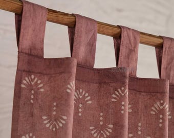 Panel de cortina con trabillas y estampado de bloques de rosa polvoriento / Cortinas de algodón hechas a mano para ventanas de estilo rústico