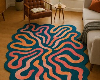 Abstract Wavy Rug, Teal Coral, Irregular Shape