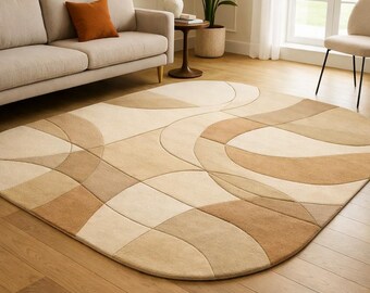 Abstract Beige Area Rug, Geometric Curved Design, Scandinavian Style