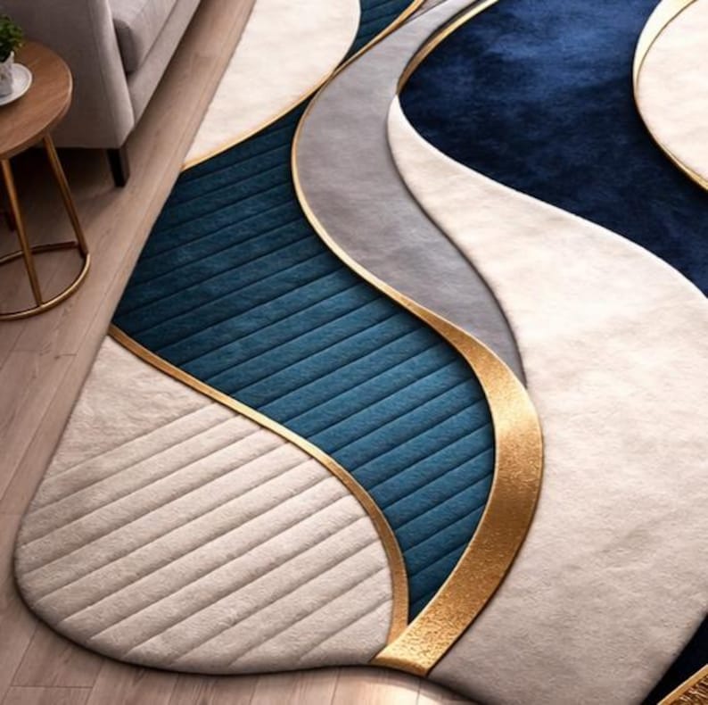 Abstract Blue Gold Wave Area Rug, Contemporary Living Room Carpet ...