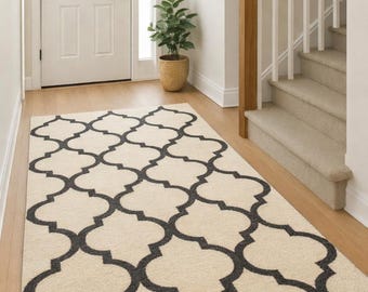 Moroccan Trellis Area Rug, Cream and Black Geometric Runner