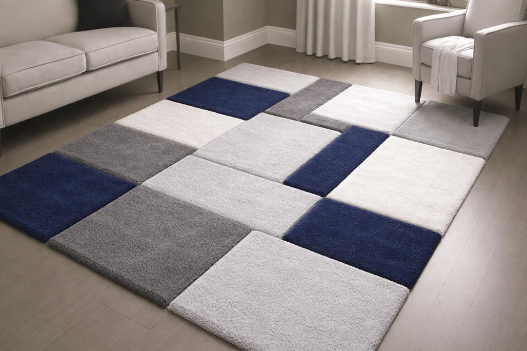 Geometric Patchwork Area Rug | Grey, Blue, and White Tufted Carpet - Etsy