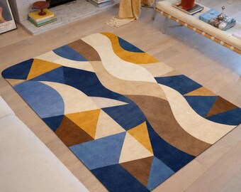 Geometric Area Rug, Abstract Blue Mustard Cream Carpet, Nordic Living Room Decor