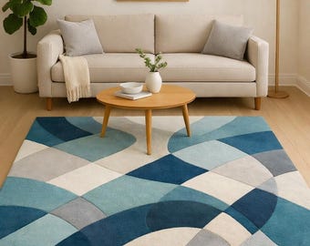 Blue Abstract Area Rug, Modern Geometric Scandinavian Carpet