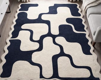 Navy Blue Abstract Area Rug, Scalloped Edge, Modern Geometric Carpet
