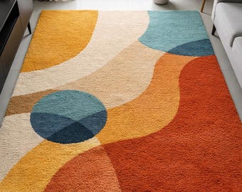 Tapis géométrique, design moderne abstrait, moutarde, rouille et bleu sarcelle